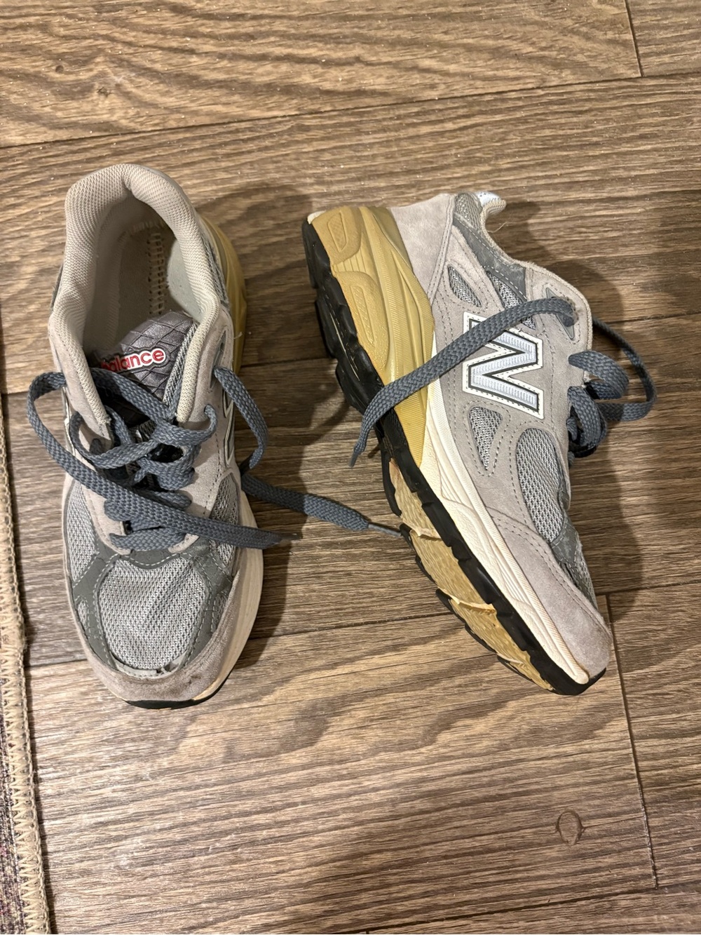 New Balance Grey Mesh & Suede Sneakers with Yellow Accent